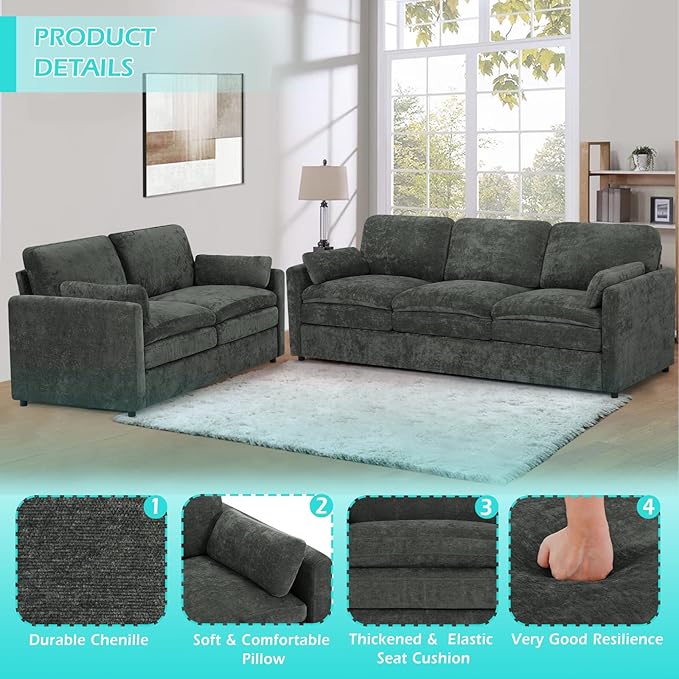 ACMEASE 2 Pieces Chenille Sofa Set w/Throw Pillows, Upholstered Loveseat & 3 Seater Sofa w/Comfortable Back Cushions, Modern 2-Seat & 3-Seat w/High-Density Foam for Living Room, Apartment, Grey