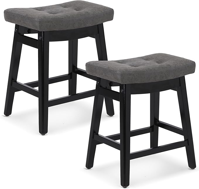 RNKSFX Counter Height Bar Stools Set of 2 for Kitchen Counter Farmhouse Modern Barstools with Faux Leather Upholstered Backless Seat and Solid Wood Legs 24 inch Bar Chairs, Grey + Black