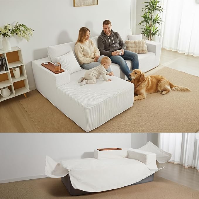 Modular Sectional Sofa Cloud Couch with Multi-Functional Armrests, Boneless Plush L-Shape Living Room Couch with Deep Seat, Fluffy Comfy Sleeper Sofa Easy Assembly (Beige, Right Chaise)