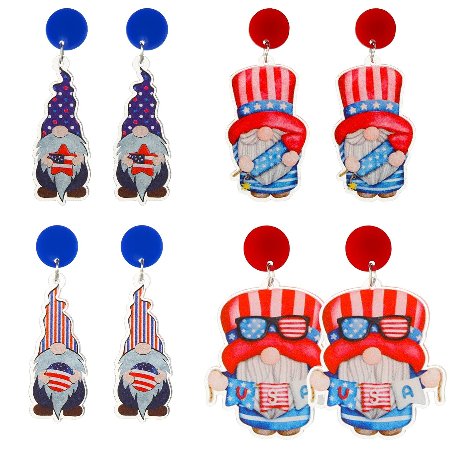 Cooluckday Women's Independence Day Earrings, American Flag Design, Zinc Metal, 4 Pairs, 90 Day Guarantee