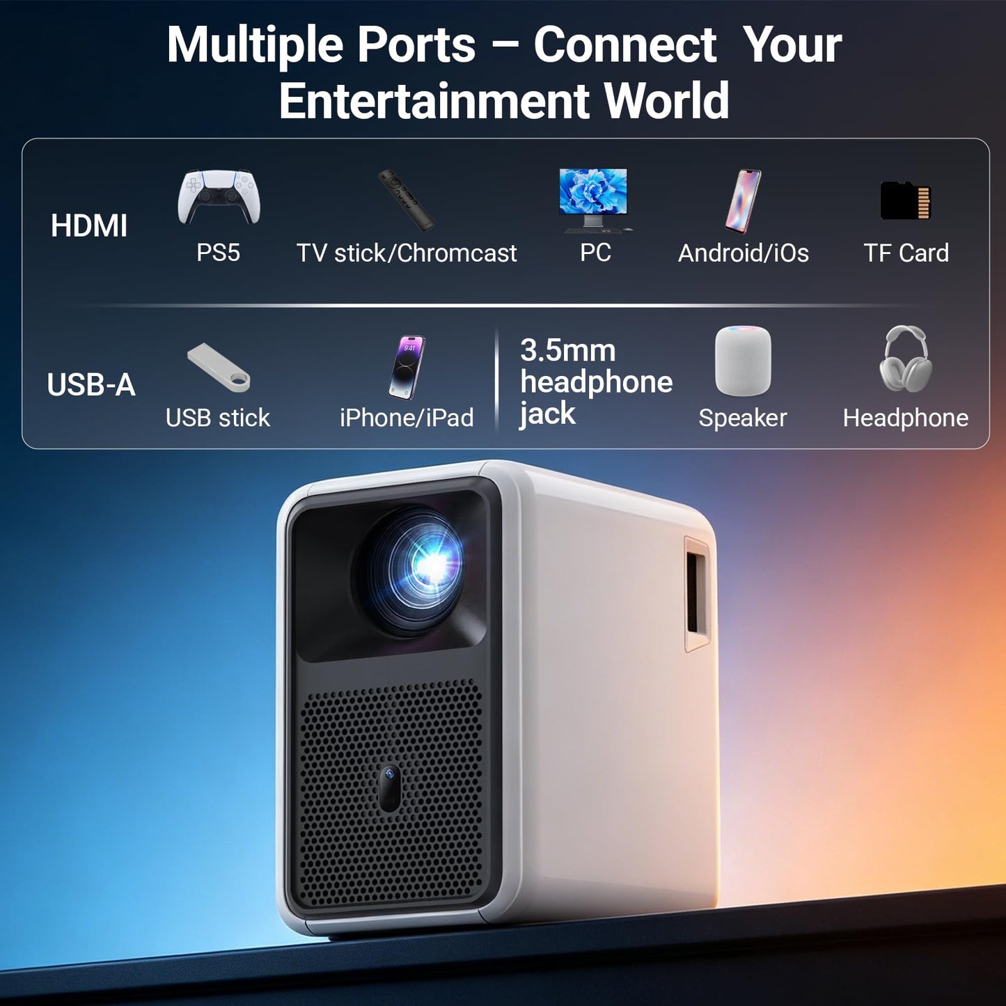 4K Support Projector Built-in Apps,3000 ANSI Lumens,Outdoor Cinema Projector with WiFi6 and Bluetooth,Auto Focus & 3D Keystone for Home Theater Bedroom Movie Night Gaming