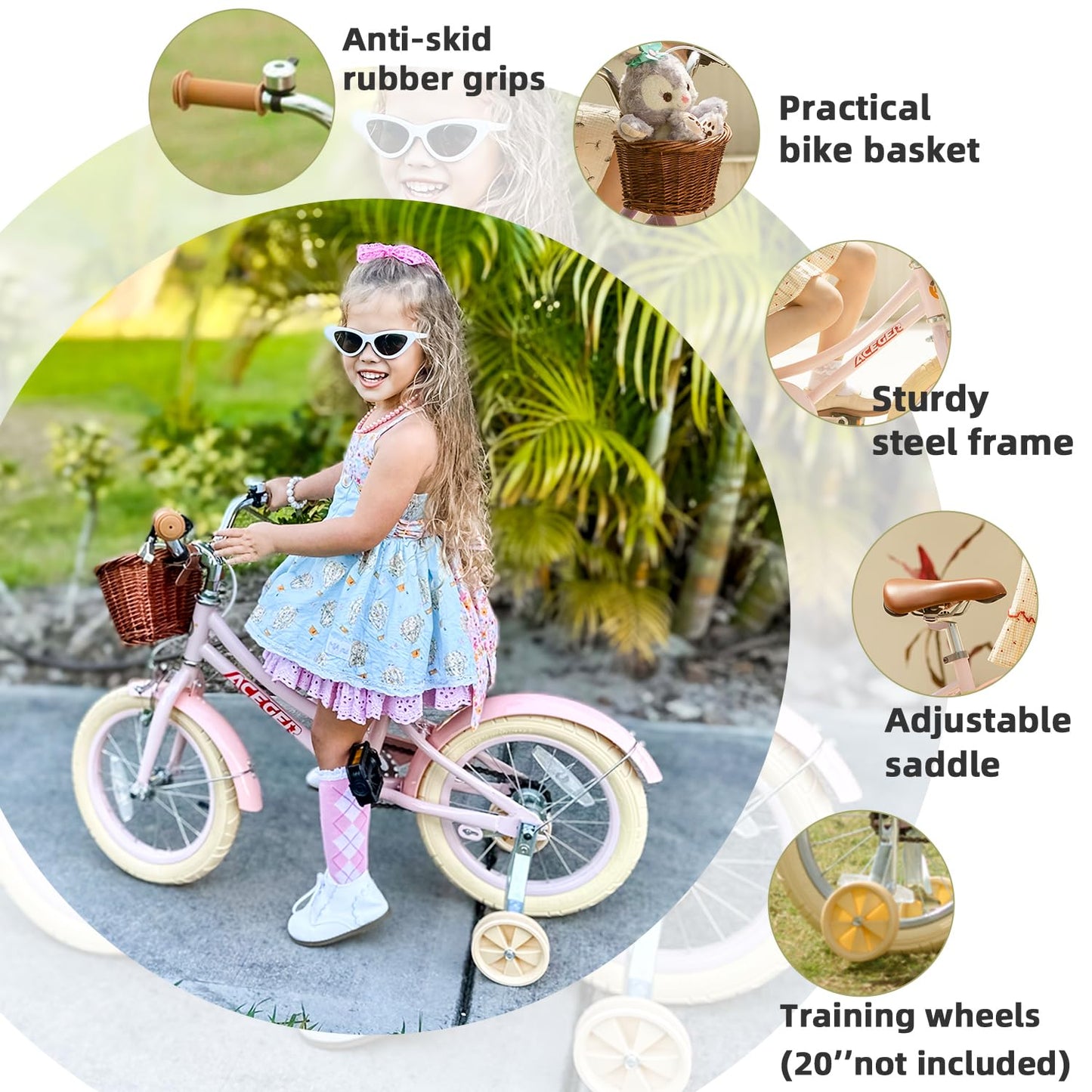 ACEGER Girls Bike with Basket, Kids Bicycle for 3-13 Years, Included Coaster Brake & Caliper Brake, 14 16 18 Inch with Training Wheels, 20 Inch with Kickstand but no Training Wheels