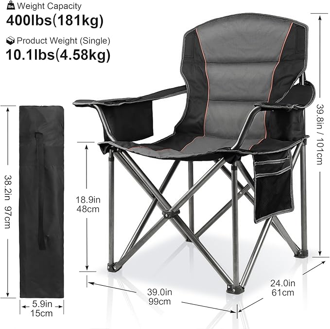 LANMOUNTAIN Oversized Padded Camping Chairs for Adults,Heavy Duty Support 400 Lbs,Folding Portable Lawn Chair w/Cup Holder,Cooler Bag,Side Pocket,Perfect for Outdoor Picnic,Hiking(Black)
