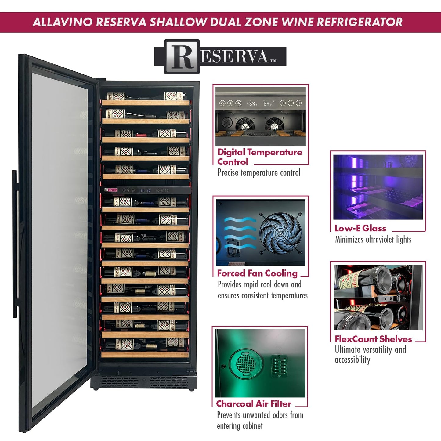 Allavino 67 Bottle 71" Tall Dual Zone Left Hinge Black Shallow Wine Refrigerator VSW6771D-2BL-WD