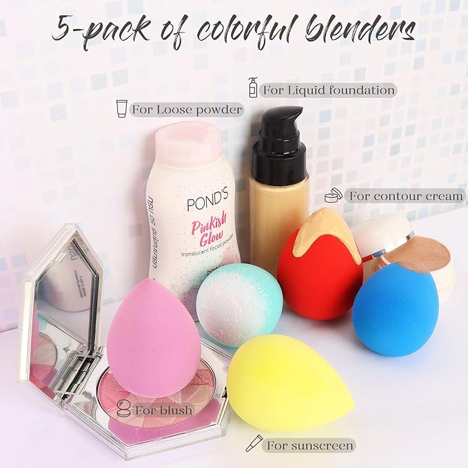 BEAKEY Makeup Sponge Set 5 Pack Micro Porous Low Absorption Soft Latex Free Foundation Beauty Sponges & Blenders for Powder Cream, Stocking Stuffers for Women