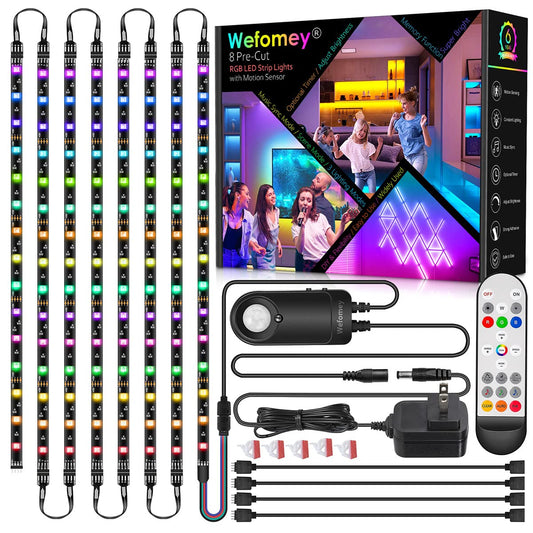8 PCS RGB Under Cabinet Lighting Kit, 12v Motion Sensor LED Light Strip with Remote, ETL Listed Power Adapter, Music Sync Color Changing Led Lights for Shelves, Cabinet, Counter, Bookcase, 13ft