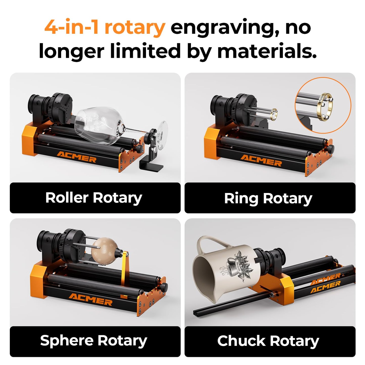 ACMER M4 Laser Rotary Roller, Laser Engraver Y-axis Rotary 360° Roller with 3-150mm Engraving Space for Engraving Cylindrical Objects, Ring, Suitable for ACMER P2, P1 and Most Laser Engraver