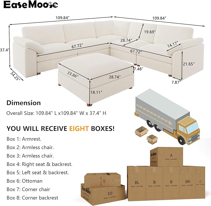 EASE MOOSE Sectional Modular Sofa,Luxury FSC Certified Chenille Comfty Deep Seat Couch for Living Room,Solid Wood Frame Sofa,White