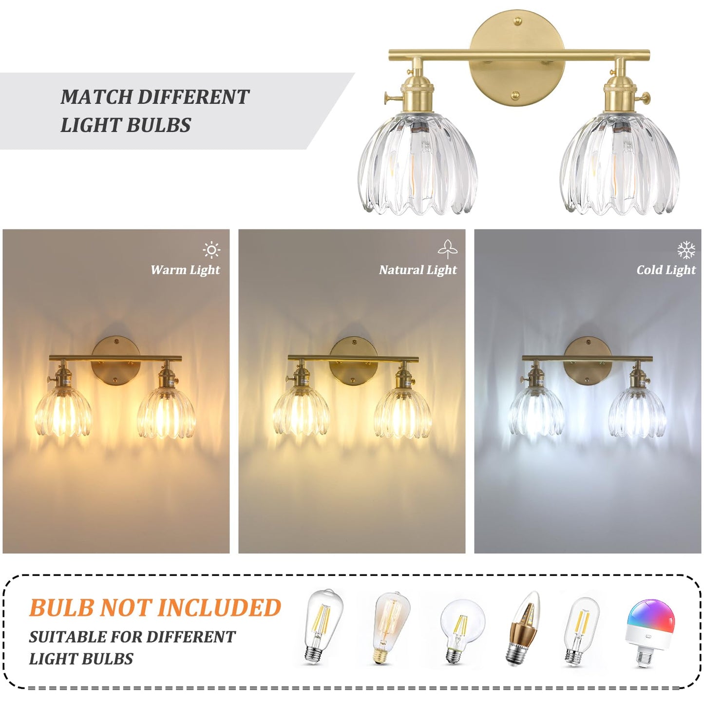 Shenmoyl Bathroom Light Fixtures, 2-Light Brass Vanity Wall Light Over Mirror with Clear Tulip Glass Shade for Bedroom Living Room (Bulb Not Included)