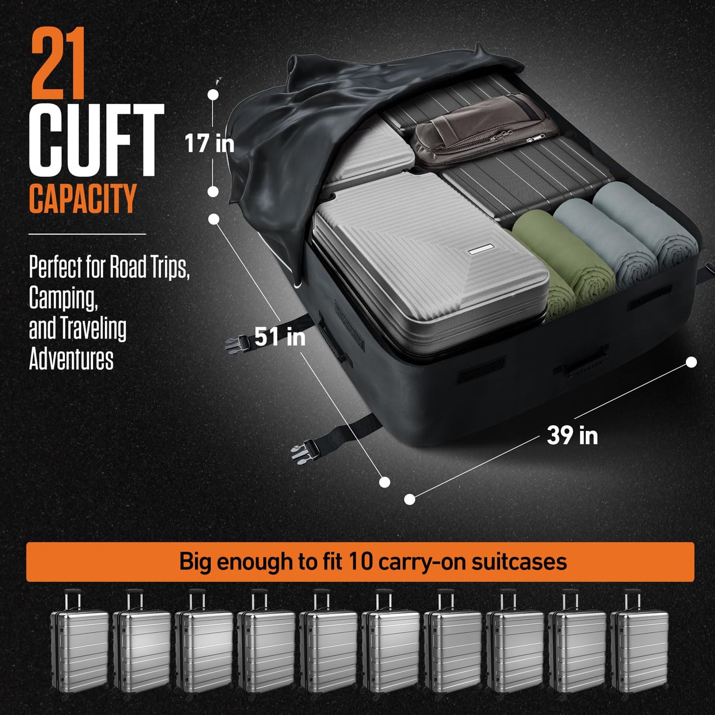 VENTURE 4TH Car Rooftop Cargo Carrier – 21 Cubic Feet Waterproof Roof Bag with 10 Heavy-Duty Compression & Tie-Down Straps, Anti-Slip Mat & Door Hooks – Fits Cars with or Without Roof Rack