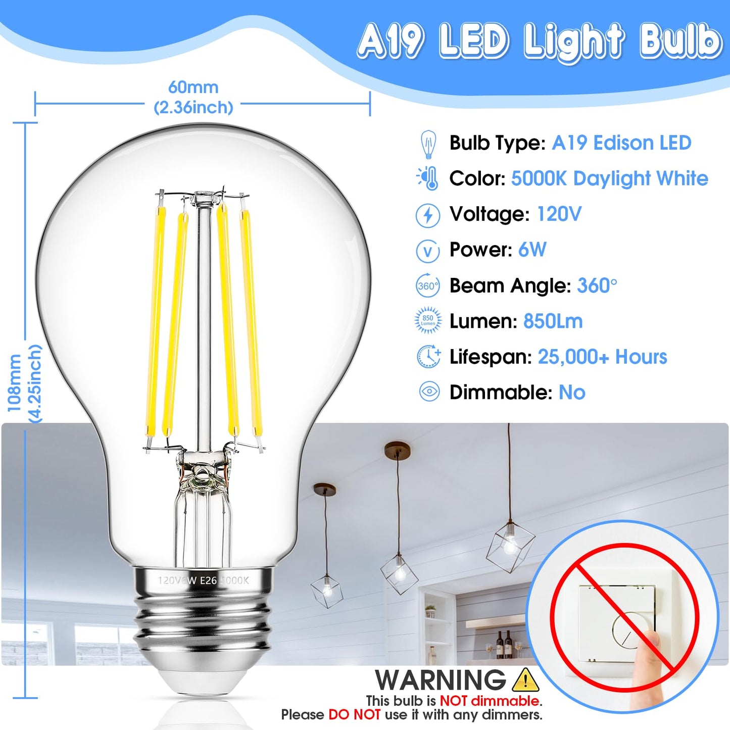 MAXvolador 60W Equivalent E26 LED Filament Light Bulbs, 850LM Daylight White 5000K LED Edison Bulb, Non-Dimmable 6W A19 LED Bulb Medium Base, 4-Pack