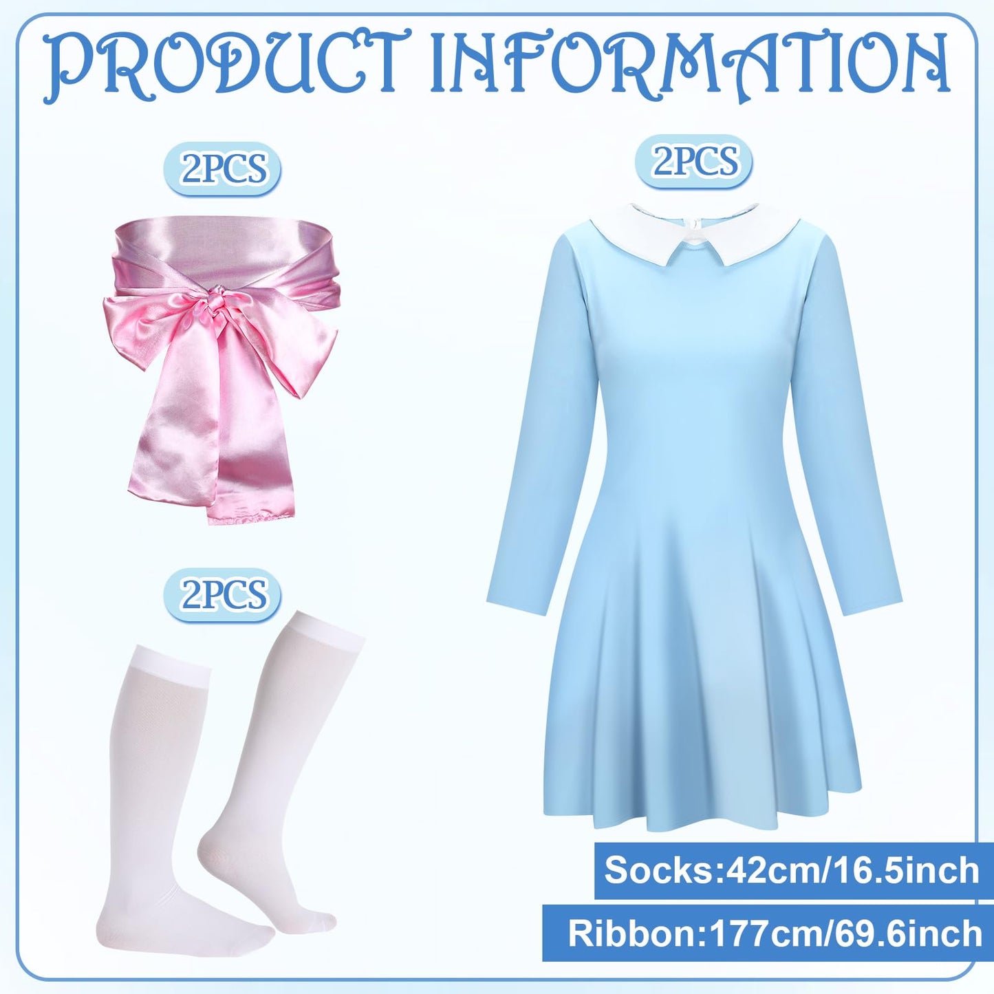 Leumoi 6 Pcs Halloween Adult Twin Costumes Blue Twin Dress Tube Socks with Pink Silky Ribbon for Women Cosplay Party(Small)