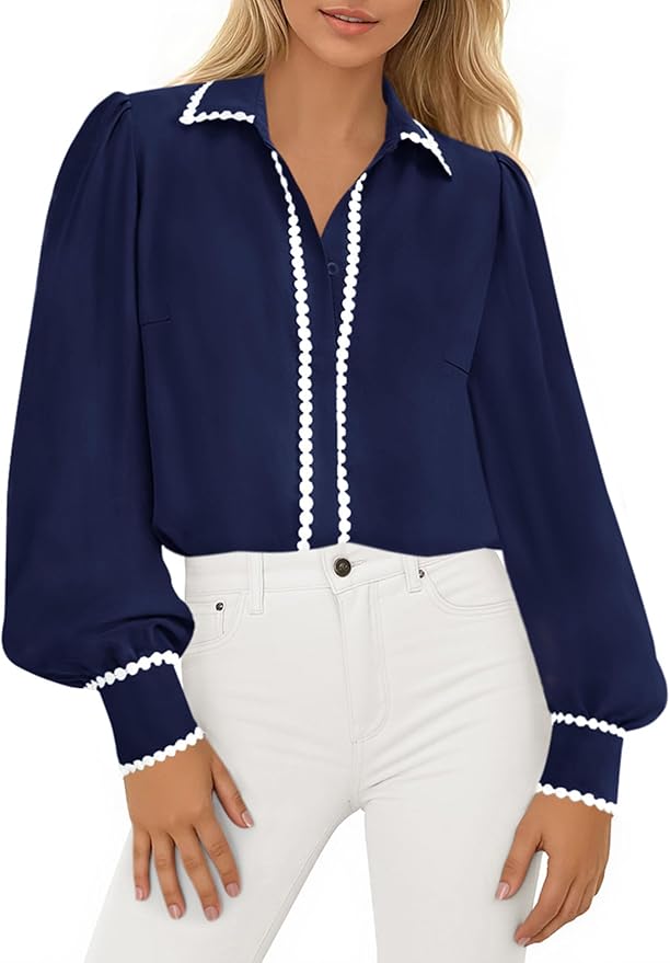 PRETTYGARDEN Womens Long Sleeve Button Down Shirts 2026 Trendy V Neck Loose Fit Fall Tops Collared Dressy Casual Blouses