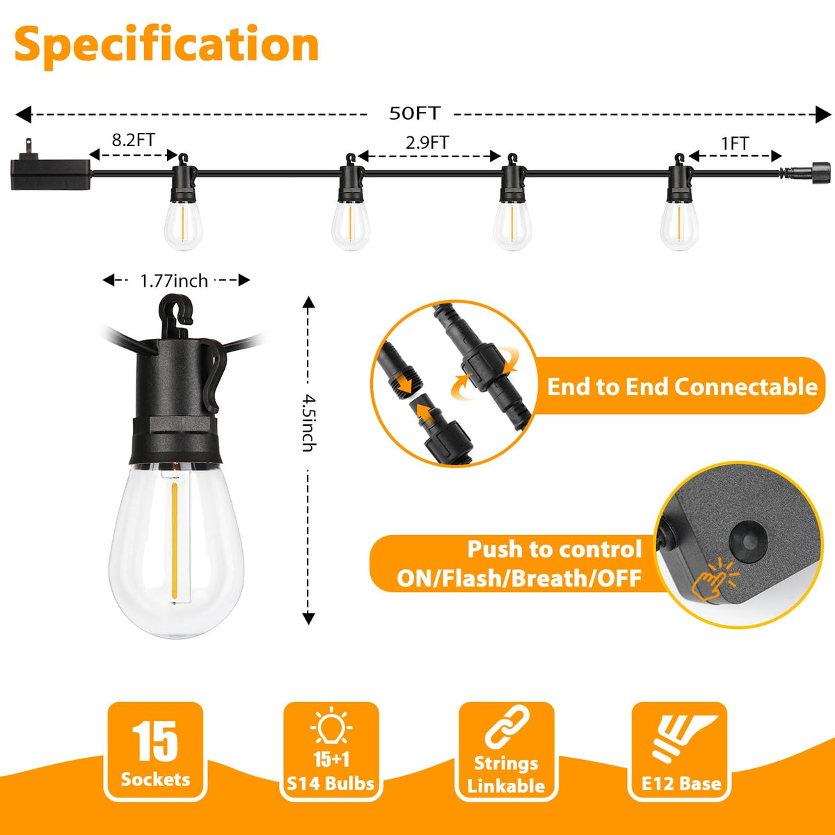 LED Outdoor String Lights, 50FT Waterproof Patio Light with Remote & 16 Dimmable Shatterproof S14 Edison Bulbs(1 Spare), Connectable Outside Backyard Hanging Lights for Balcony, Gazebo, Porch, Party