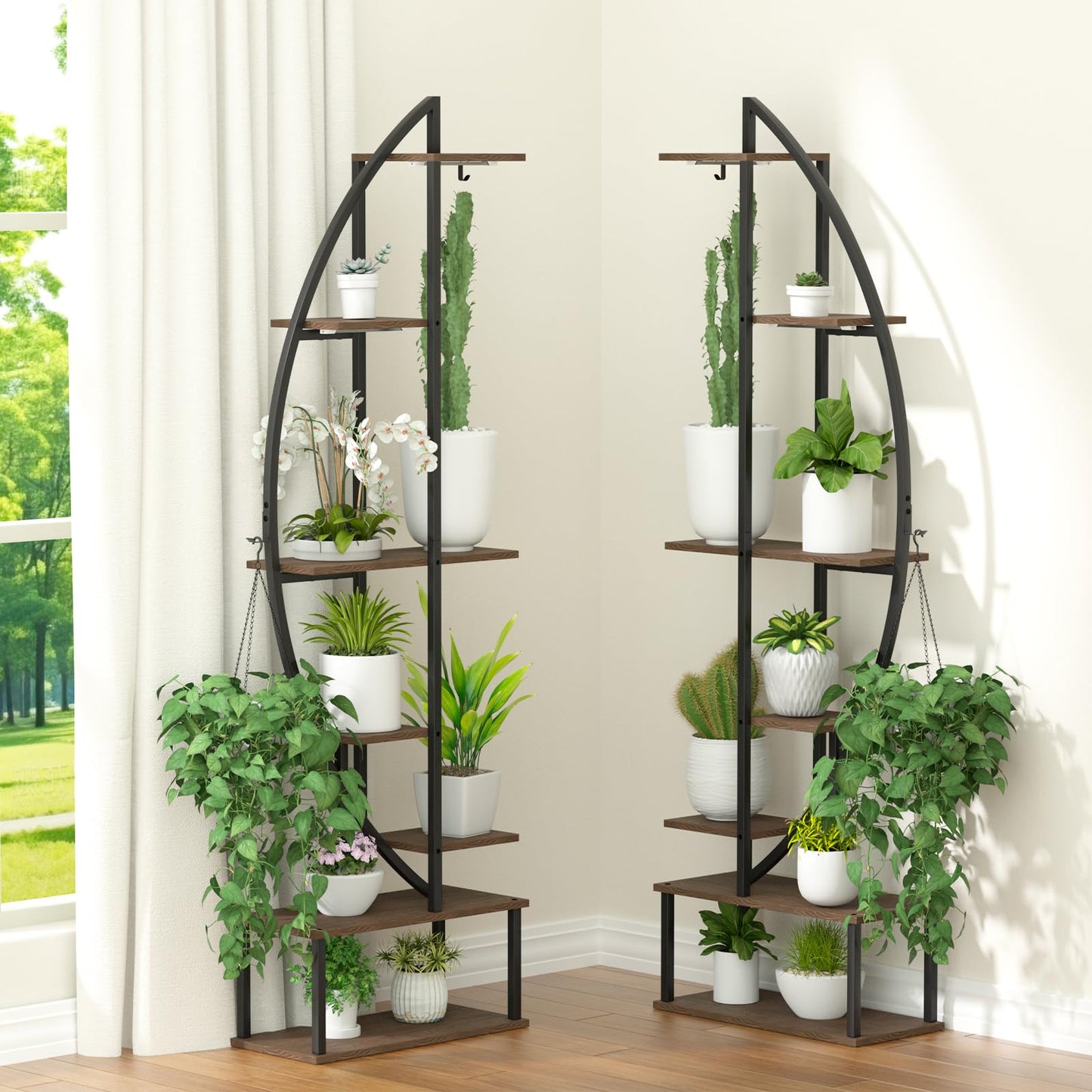 BLAZPATH Plant Stand Shelf Rack Indoor with 6 Built in Grow Light, 7 Tier 65" Tall Pair Large Half Moon Lighted Plant Stand with Hanging Hook, 2 Black Circle Sturdy Tiered Herb Shelving with Lighting