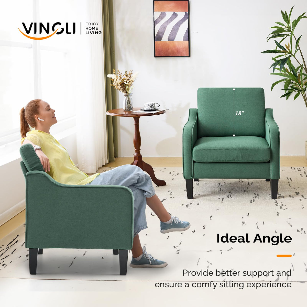 VINGLI Accent Chair for Living Room Chairs Dark Green Reading Chair for Bedroom Scooped Arm Chair Mid Century Modern Accent Chairs Upholstered Comfy Chair for Apartment, Waiting Room