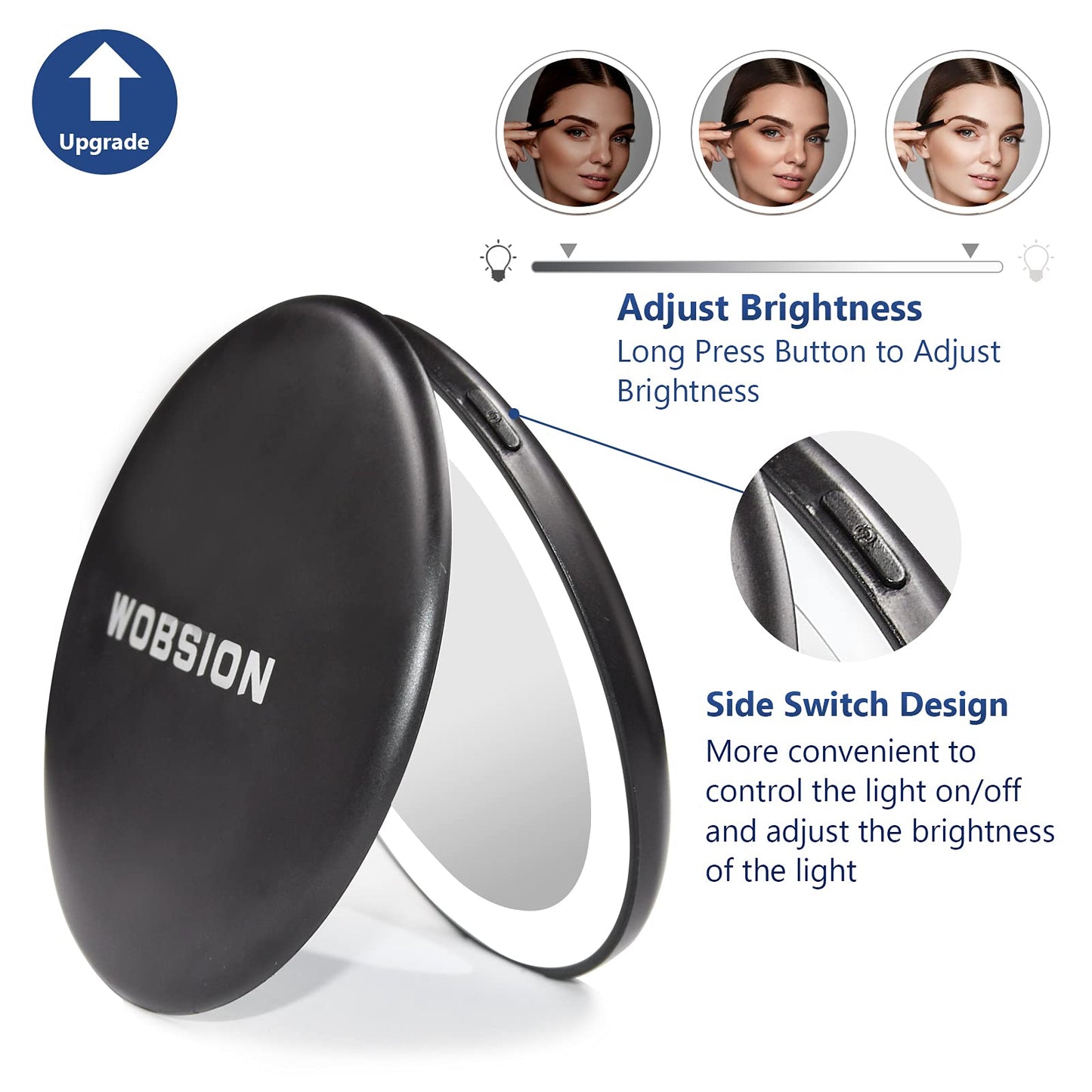 wobsion Small Travel Mirror,1x/10x Magnification Compact Mirror with Light,Dimmable Small Pocket Mirror, Portable Travel Makeup