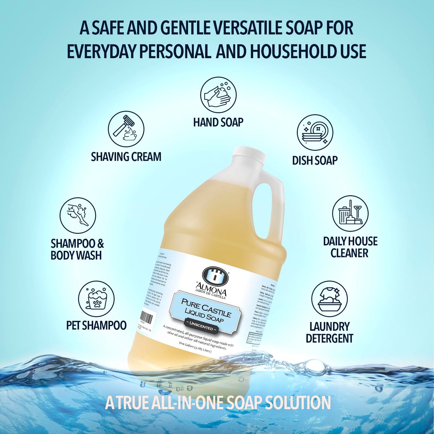 La Almona - Pure Castile Liquid Soap, LEMON, 1 Gallon - Multipurpose: Hands, Face, Body, Laundry, Dishes & More - For Sensitive