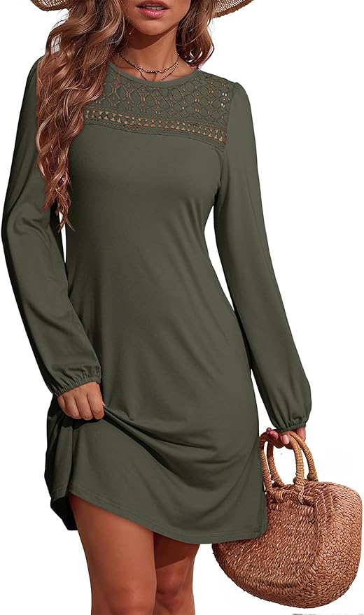 Dokotoo Dresses for Women Crew Neck Long Sleeve A Line Shift Dress Solid Color Loose Fit Mini Dress
