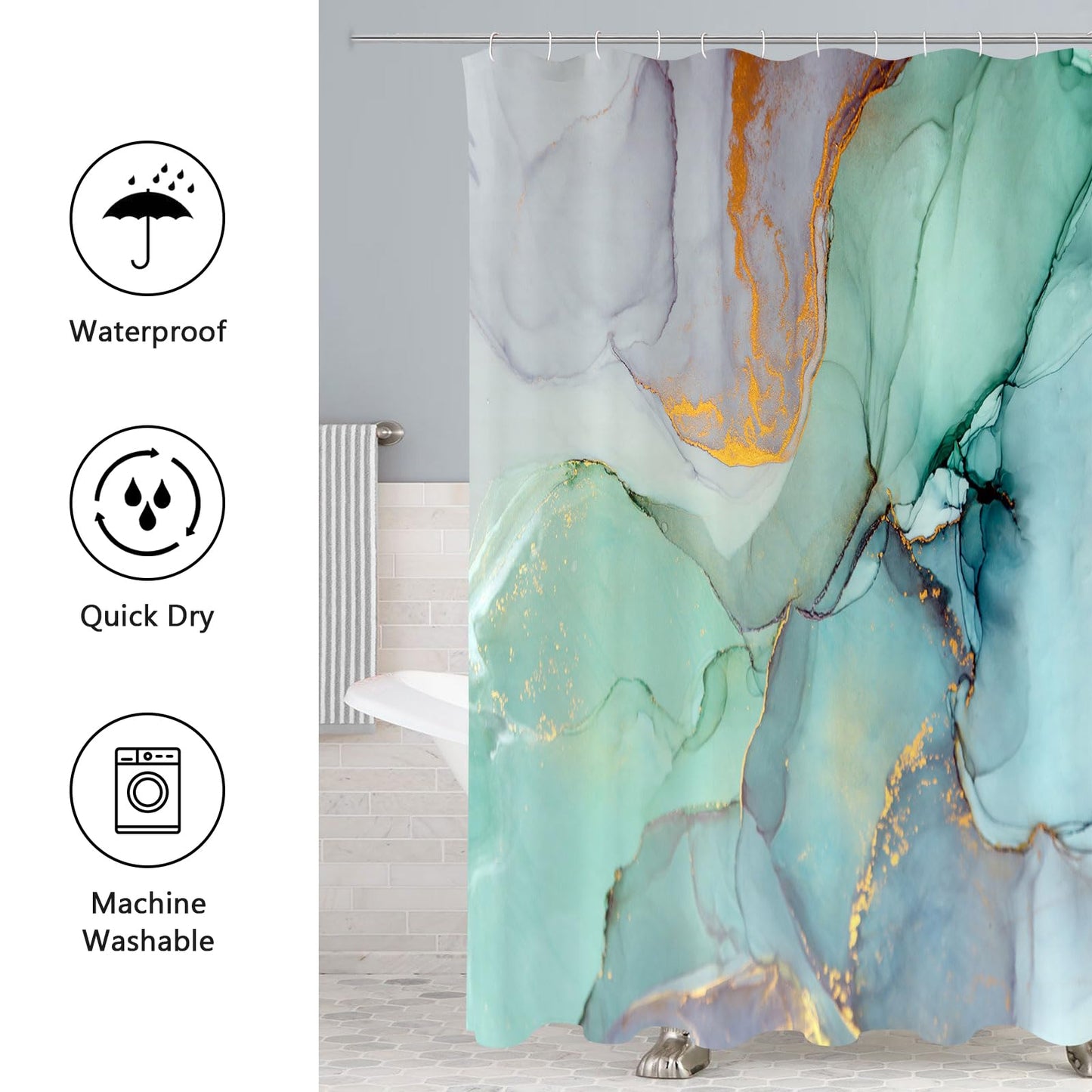 Gibelle 4 Pcs Shower Curtain Set with Non-Slip Rugs Toilet Lid Cover and Bath Mat, Green Marble Bathroom Decor Set with Accessories