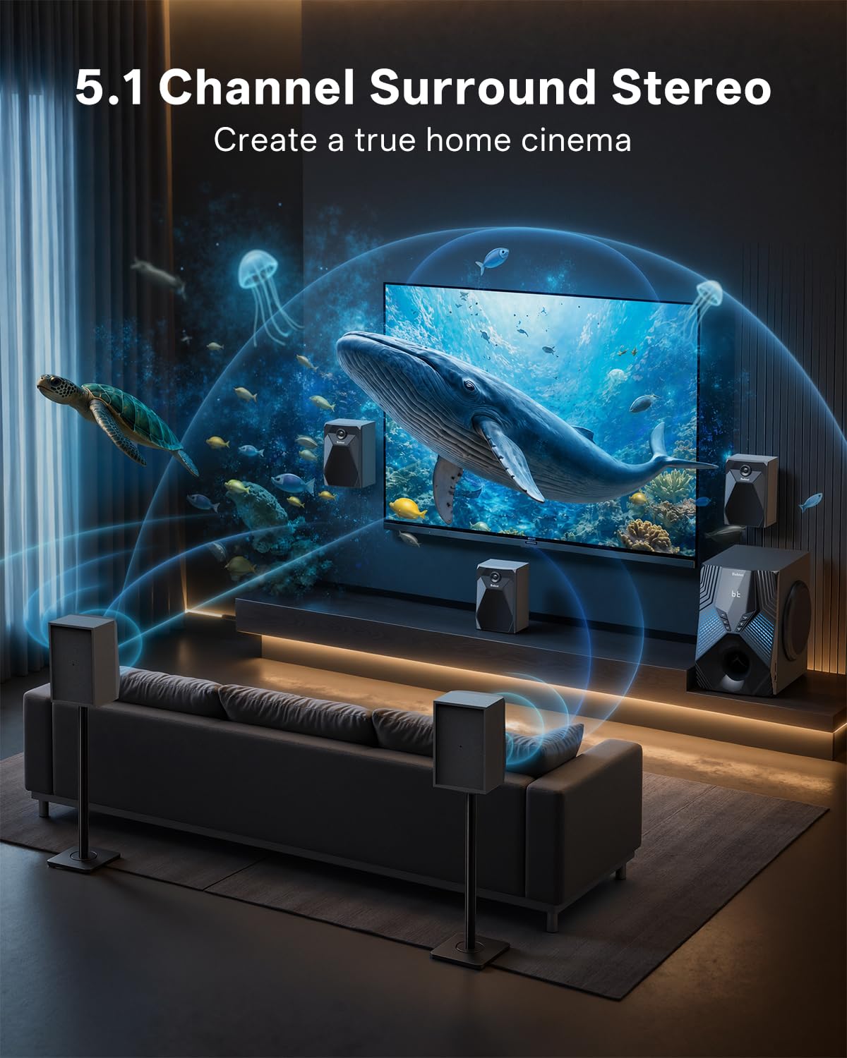 1000W Surround System 5 Wired Satellite Audio Speakers 8 inch Subwoofer 5.1/2.1 Channel Home Theater Deep Bass Support ARC Optical Bluetooth Karaoke Input