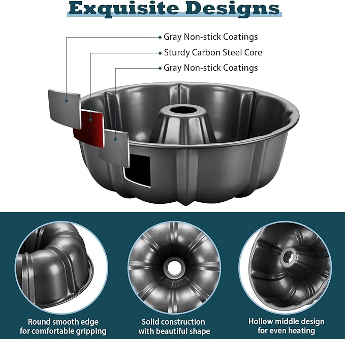 P&P CHEF 10 Inch Gray Non-stick Cake Pan, Carbon Steel Fluted Tube Round Baking Pan for Pound Cake, 10-Cup Large Capacity Bakeware, Healthy & Heavy Duty, 1 Piece