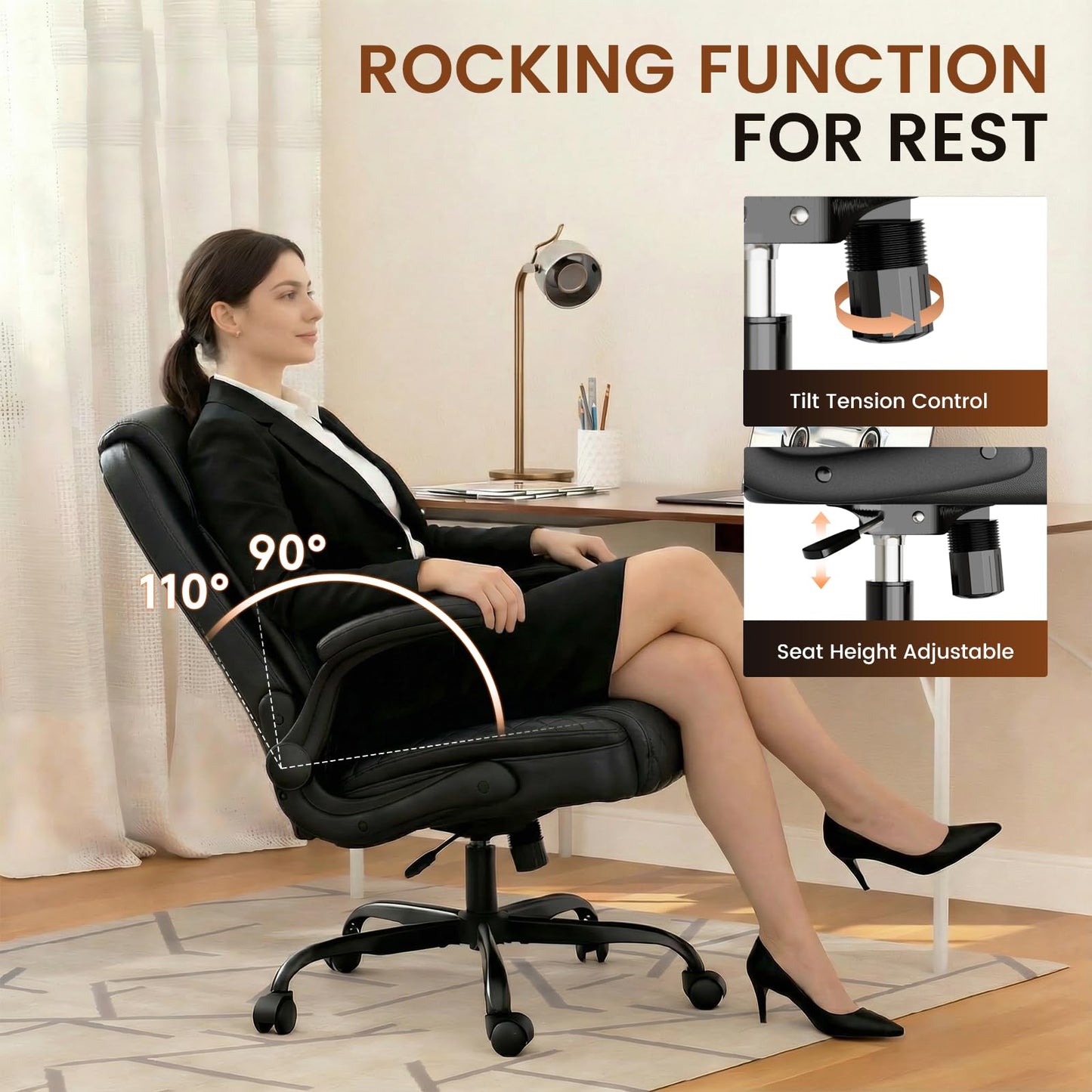 GTPLAYER Leather Office Chair, Home Desk Chair with Flip-up Arms and Ergonomic Back - Comfy Heavy Duty Executive Chair for Home Office Gaming, Charcoal Black