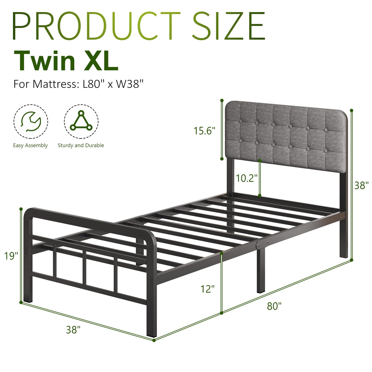 Lutown-Teen 12 Inch Twin XL Bed Frames with Upholstered Headboard and Metal Footboard, No Box Spring Needed, Heavy Duty XL Twin Metal Mattress Foundation, Noise Free, Easy Assembly