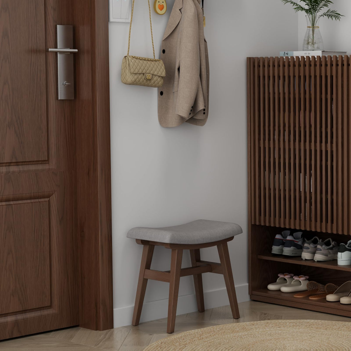 Muwuele Solid Wood Small Vanity Stool with Saddle Cushion, High-Rebound Sponge Seat, Easy Assembly Makeup Chair, Footstool for Bedroom, Entryway, Walnut