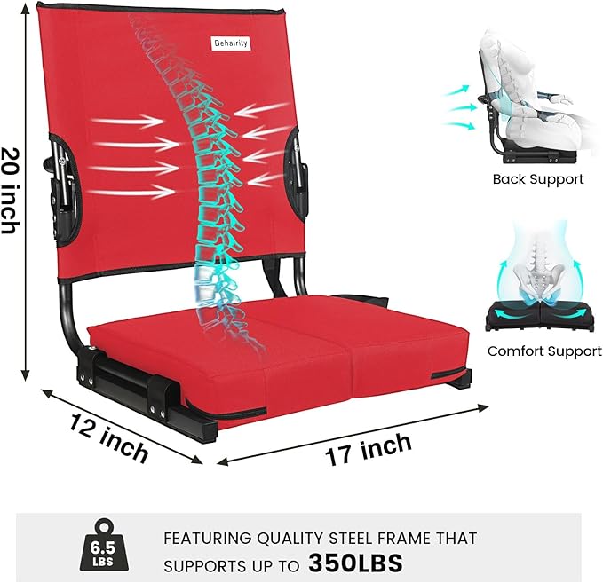 behairity Portable Stadium Seat for Bleachers with Back Support, Wide Padded Bleacher Chair with High Back and Thick Cushion for Adults, Folding Stadium Chair for Football Sports Events (Red)