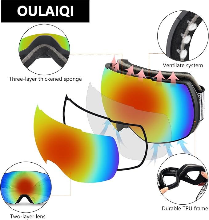 OULAIQI OTG Ski Goggles UV400 Anti-Fog Snowboard Glasses for Men Women Youth- Perfect for Skiing, Snowboarding,Winter Sports