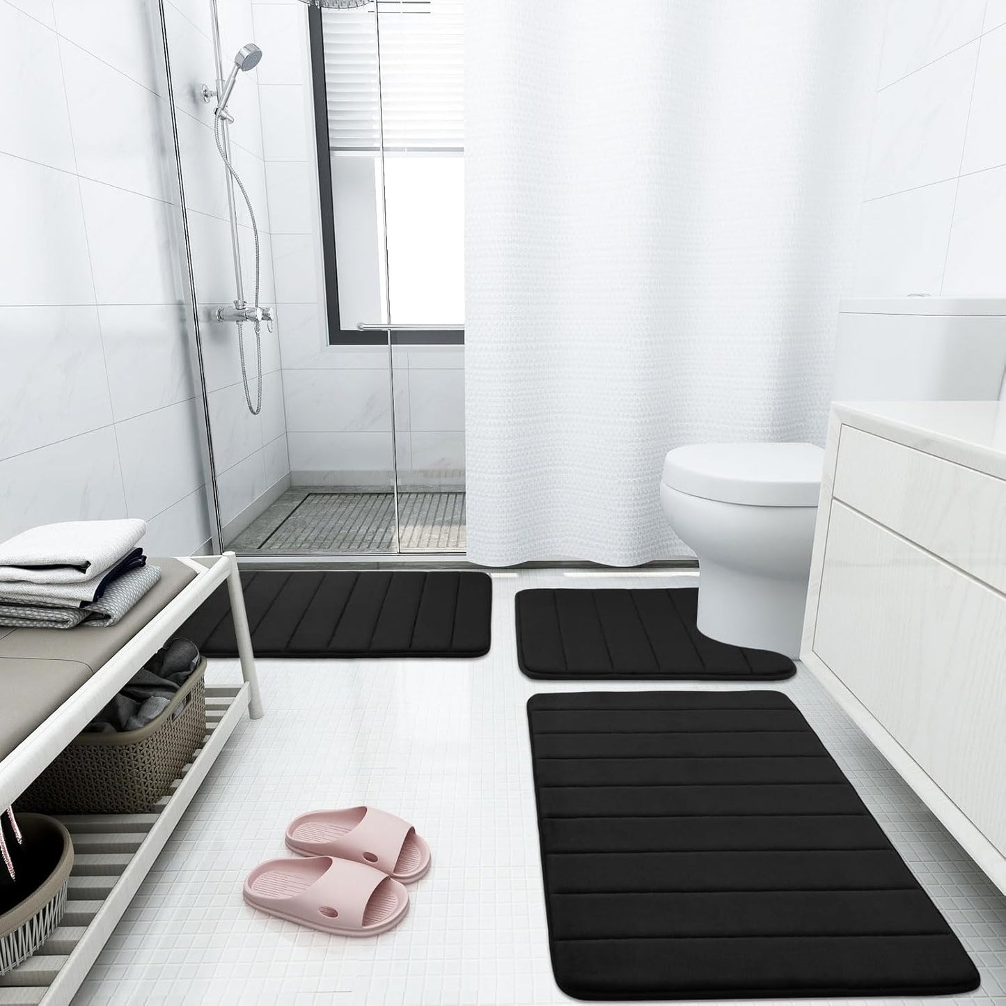 Buganda Memory Foam Bath Mat, 47" x 17", Ultra Soft and Non-Slip Bathroom Rugs, Water Absorbent and Machine Washable Bath Rug Runner for Bathroom, Shower, and Tub, Black