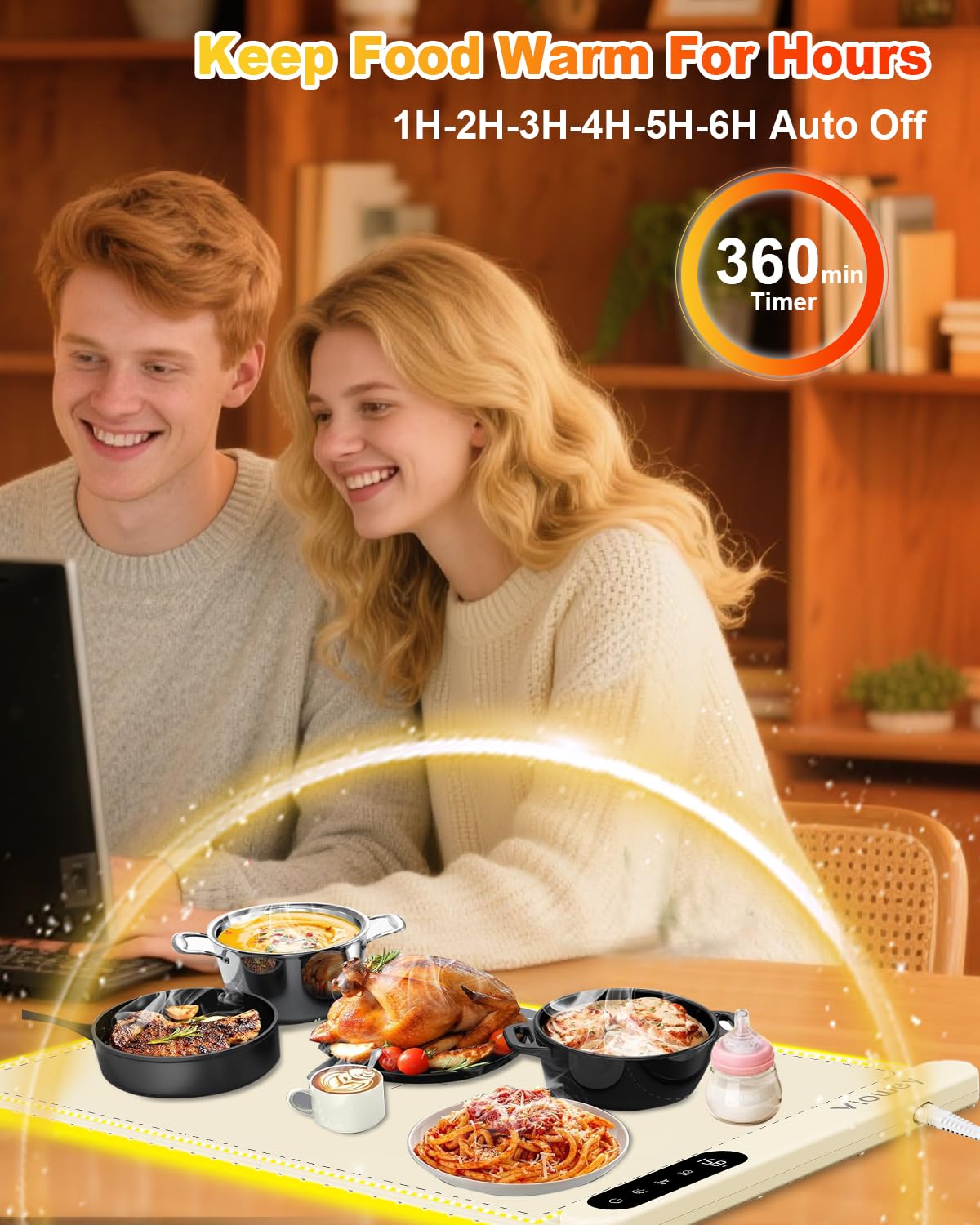 Food Warming Mat with Light, Electric Warming Tray with 6 Temperature Settings and 6 Hours Timer, Upgrade High-tech Graphene Heating Film, Versatile Food Warmer for Parties, Buffets, and Home Use