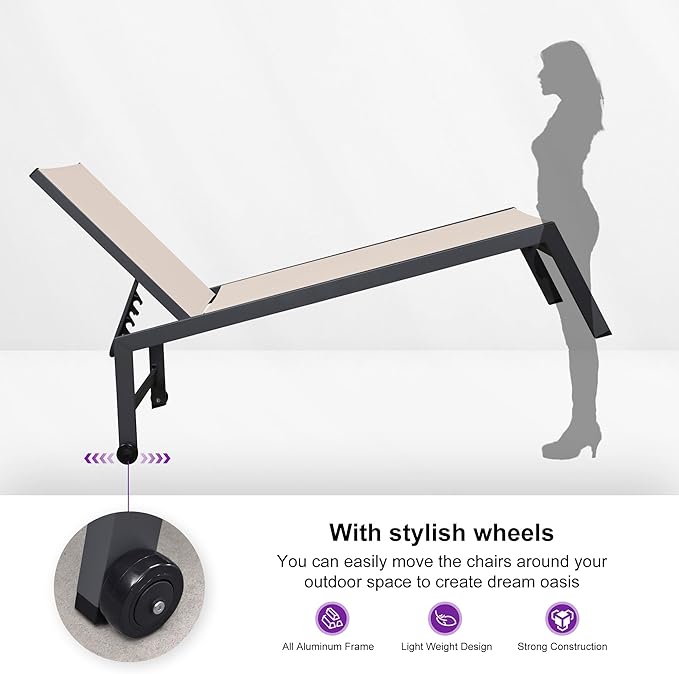 PURPLE LEAF Outdoor Chaise Lounge Set for 2 Oversized Pool Lounge Chairs with Easy-to-Move Wheels and Adjustable Backrest Extra Large Patio Loungers for Poolside Deck Beach Table Included, Sand Beige