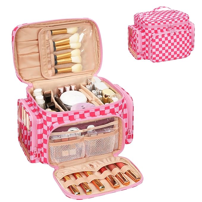 Large Checkered Makeup Bag, Travel Makeup Bag Organizer for Women Girls with Makeup Brush Compartment & Two Side Pockets, Cosmetic Travel Bag Vertical Storage Toiletry Bag- Hotpink