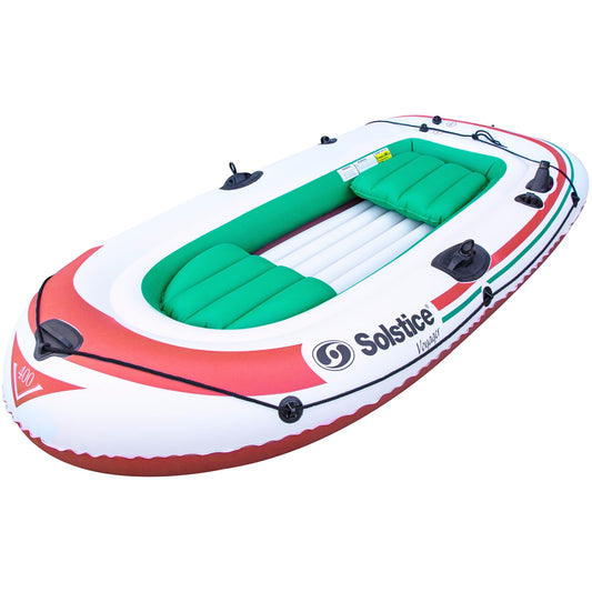 Solstice Voyager 4-Person Inflatable Fishing Boat with Dual Swivel Oar Locks and Rod -Holder, Motor Compatible 9' x 5'