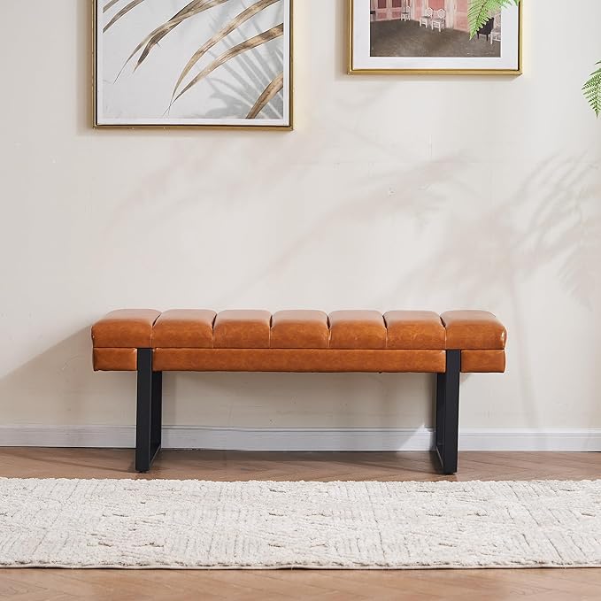 AIITTCC Faux Leather Ottoman Bench, Tufted Padded End of Bed Bench with Metal Legs, Upholstered Shoe Bench for Bedroom Living Room Entryway Window (Camel Brown, 46" Wide)