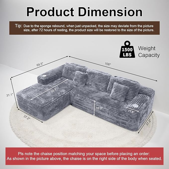 Cloud Sectional Couch with L-Shape Chaise, Modern Modular Sofa with Deep Seat, Built-in Cup Holder & Storage Pocket for Living Room Bedroom, No Assembly Required (Light Gray, Right Sitting Chaise)