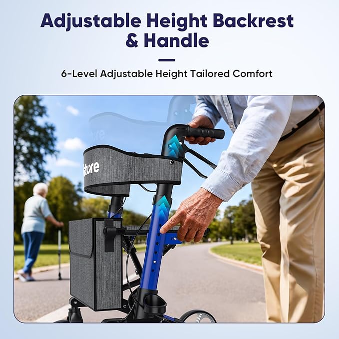 WOTURE Walkers for Seniors, Foldable Rollator Walker with Seat, Height Adjustable, 8'' All Terrain Big Wheels, Lightweight Mobility Aid with Hand Brake & Storage Bag, Blue