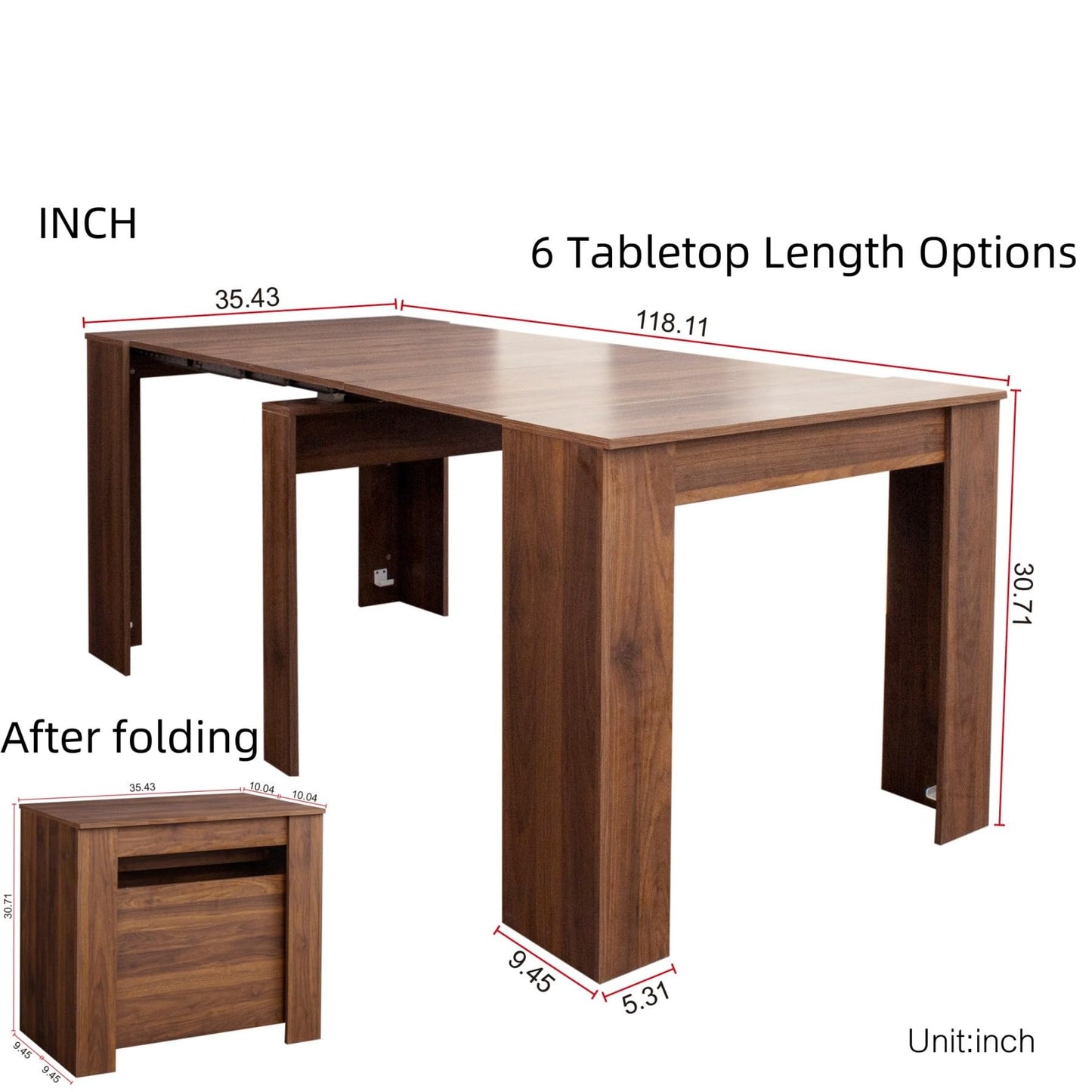 KEIKI 20"-118.5" L Extendable Foldable Dining Room Table for 1-10 People, Wood Multifunctional Rectangle Expandable Console Kitchen Living Meeting Room Furniture, 6 Tabletop Length Options, Walnut