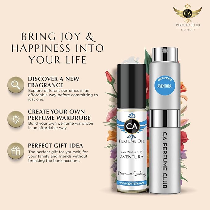 CA Perfume Duo Impression of Aventura For Men Cologne Eau de Parfum + Fragrance Body Oil Travel Size Roll-On Bottle 0.27 Fl Oz+0.33 Fl Oz