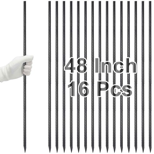VVOKGO Rebar Stakes 48 Inch 16-Pack Concrete Form Stakes Heavy Duty Straight Ground Anchors, 3/8" Diameter Metal Steel Spikes with Chisel Point End for Plant Support, Garden Border,Landscape Edging