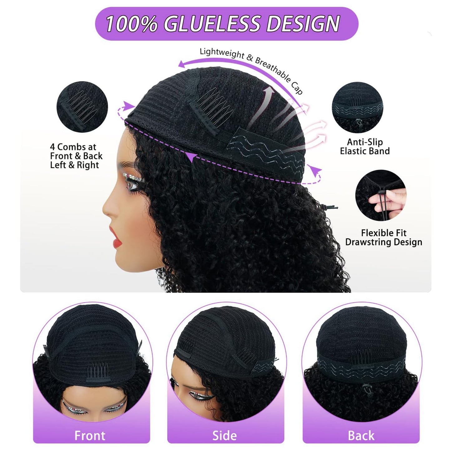 Vedusal Half Wig Human Hair Jerry Curly Half Wig 200% Density Wear And Go Glueless Wigs Human Hair 3 In 1 Half Wigs With Drawstr