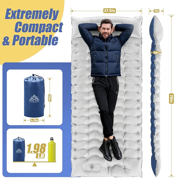 Camping Sleeping Pad, Ultralight Camping Mat with Pillow, Built-in Foot Pump Inflatable Sleeping Pads Compact for Camping Backpacking Hiking Traveling Tent,Single,Light Gray.