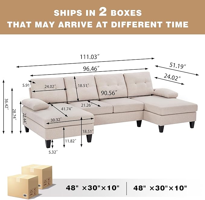 Chireca 111" Sectional Couch for Living Room, Modern Polyester Fibre U Shaped Sofa Couches with Double Chaise, Upholstered 4 Seater Sofa for Living Room, Apartment, Office, Beige