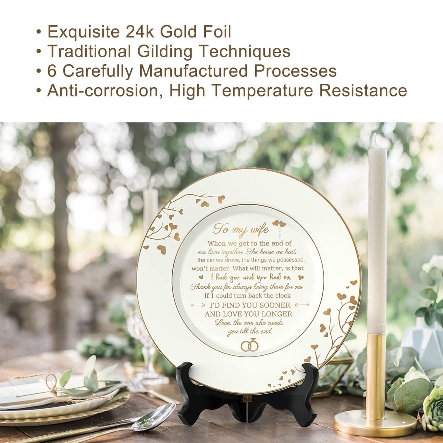Urllinz Gifts for Wife - To My Wife Plate with 24k Gold Foil, Happy Birthday Anniversary Wedding Gift for Her from Husband, Ceramic 9"