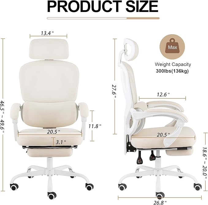 BOWTHY Mesh Ergonomic Office Chair with Footrest,90-135 Comfy Reclining Chairs,Home Office Desk Chair with Adjustable Lumbar Support & Headrest, High Back Computer Chair (Beige)