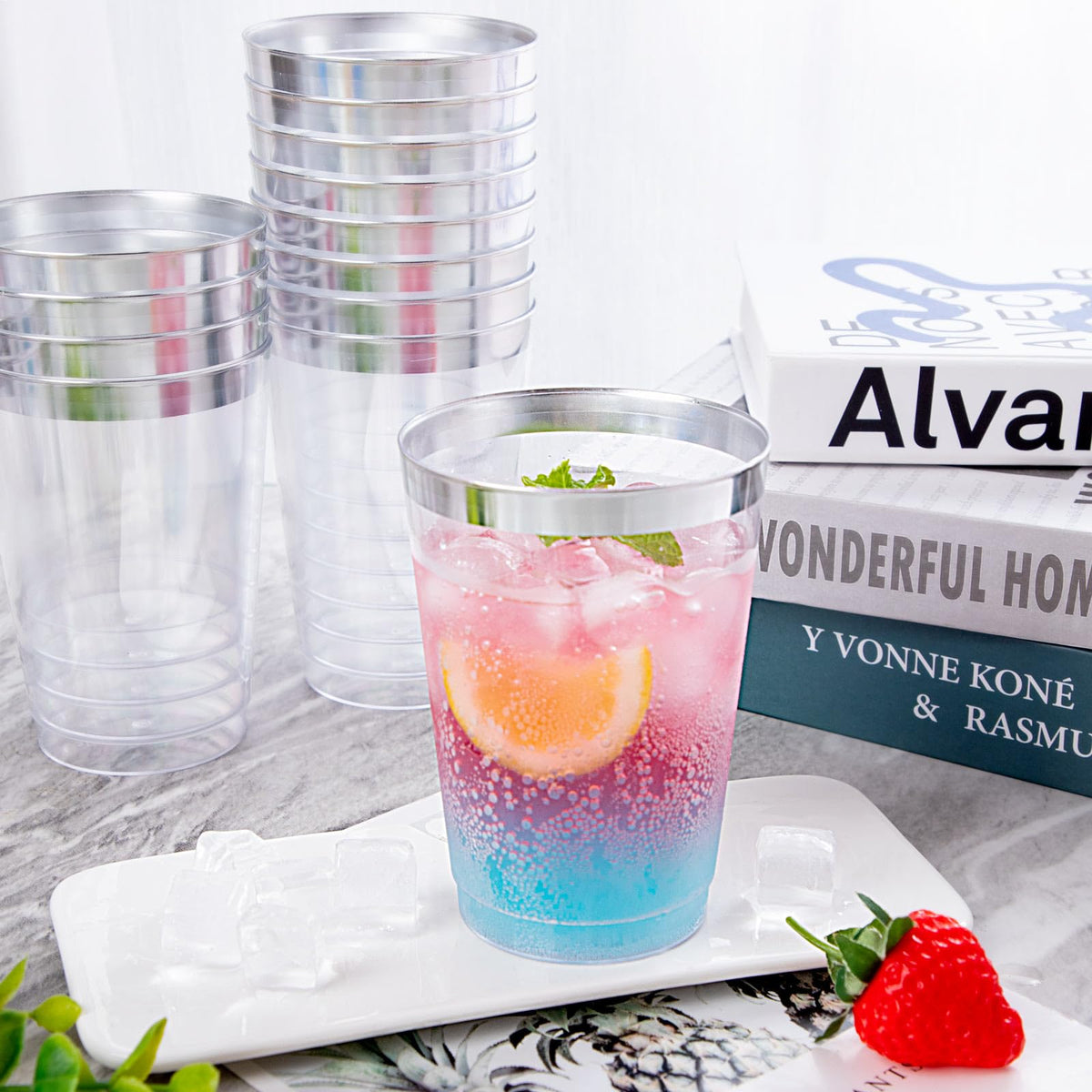 supernal 200pcs Silver Plastic Cups,12oz Clear Plastic Cups Tumblers,Silver Rimmed Cup,Elegant Party Cup,Premium Disposable Cup,Clear Party Cup,Wine Glasses for Party