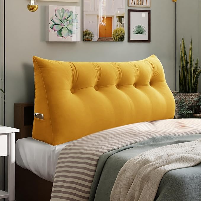 Bed Wedge Headboard Pillow - College Dorm Reading Pillow Back Support While Sitting in Bed - Ergonomic Lumbar Pillow Body Positioning Bed Pillow - Velvet Golden Yellow 59IN