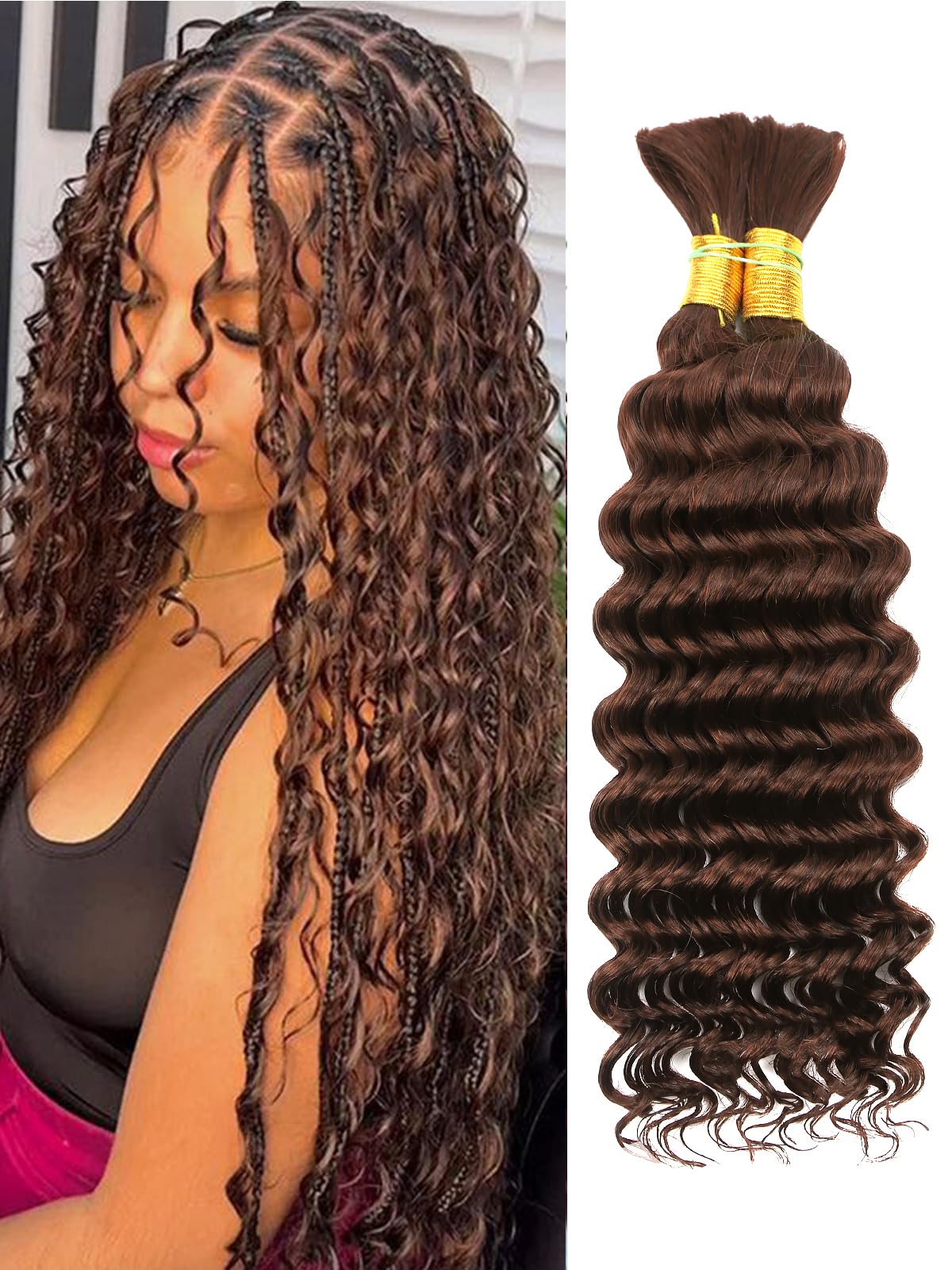 Chocolate Brown Human Braiding Hair Deep Wave Bulk Human Hair, 4# Color No Weft Curly Braiding Hair Extensions for Boho Braids W